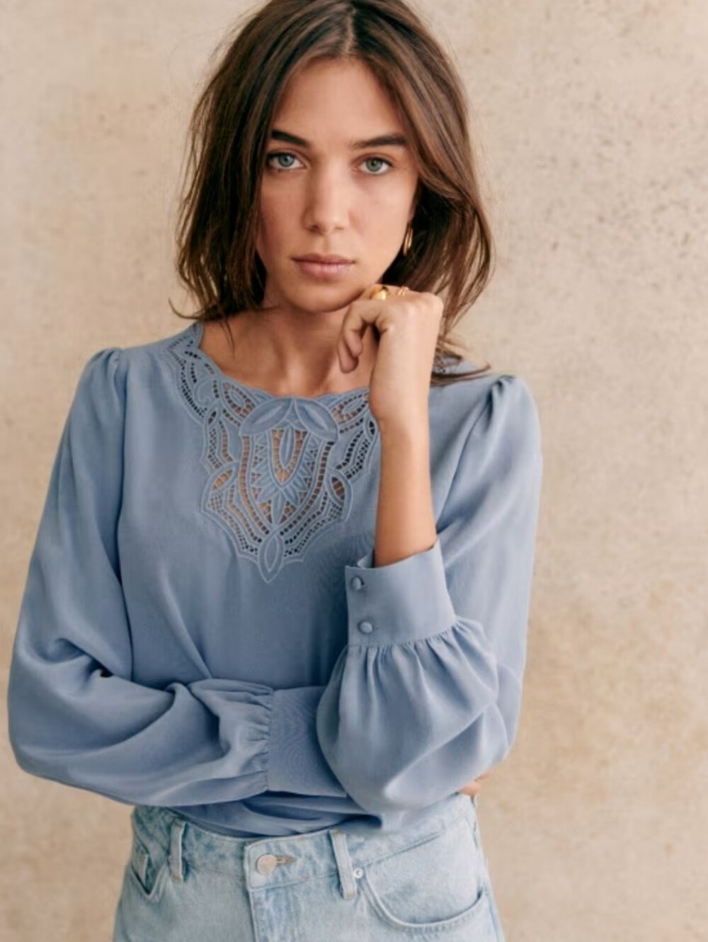Sezane Silk Carlotta Embroidered Long Sleeve Blouse Size 34 XSmall In Ice Blue
